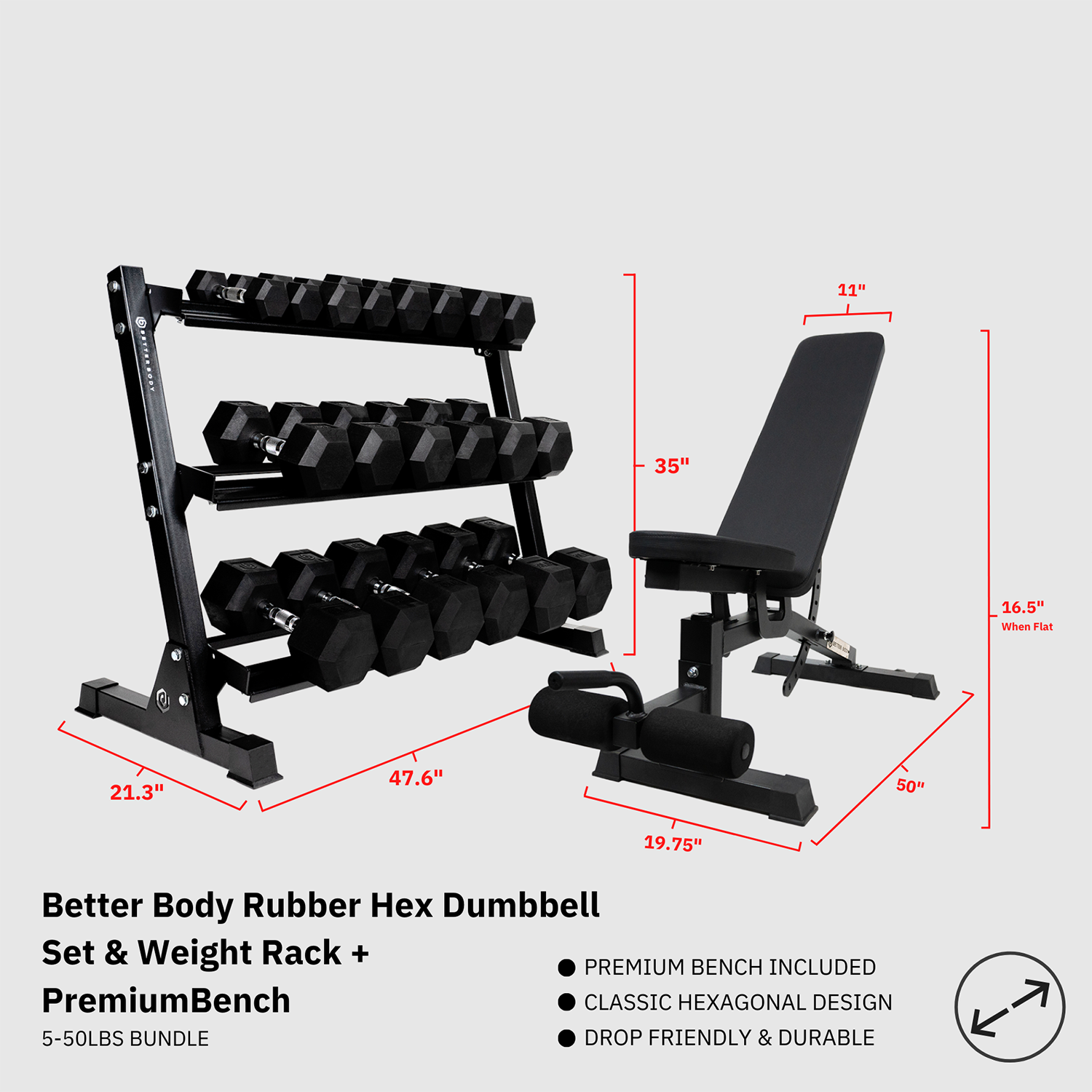 Better Body Rubber Hex Dumbbell Set & Bench Bundle Footprint