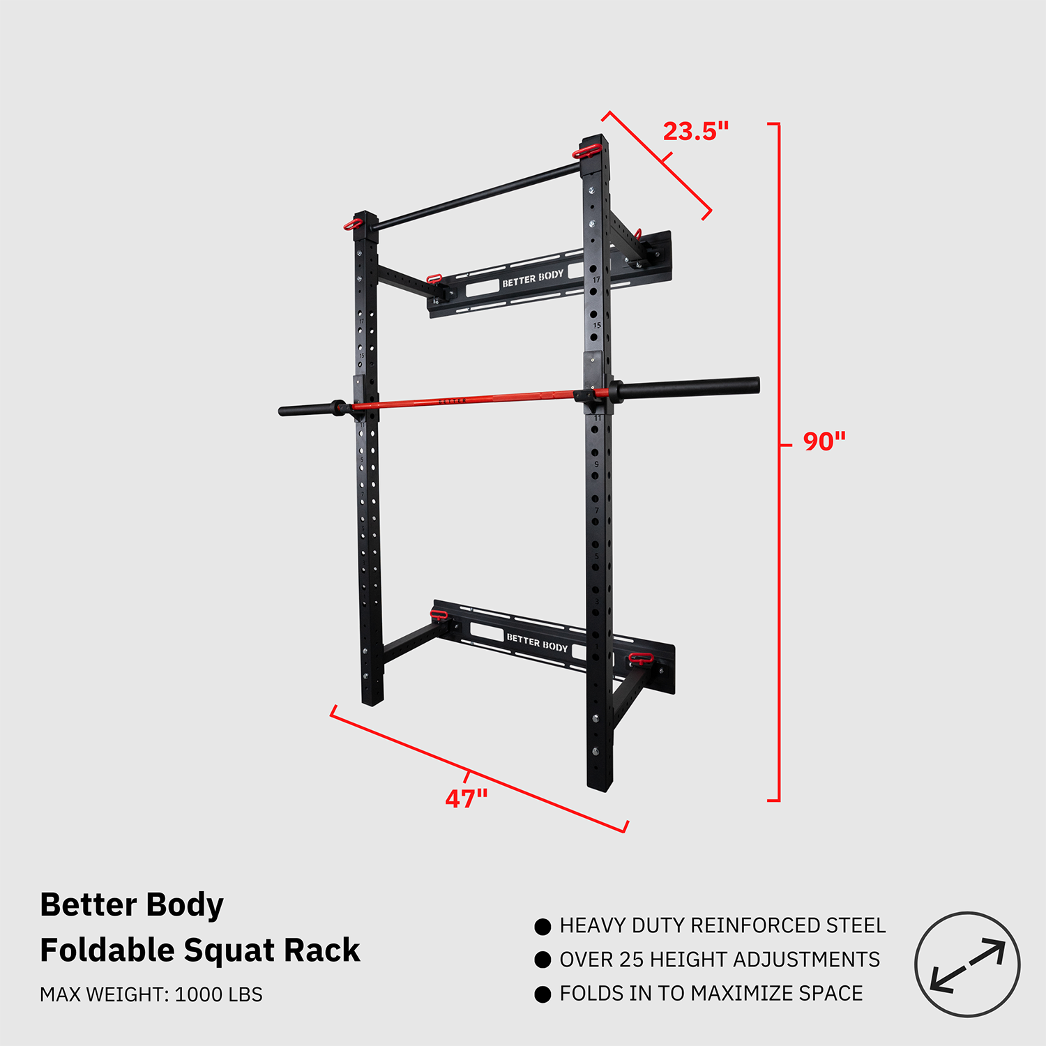 Better Body Foldable Squat Rack with Pull Up Bar Footprint