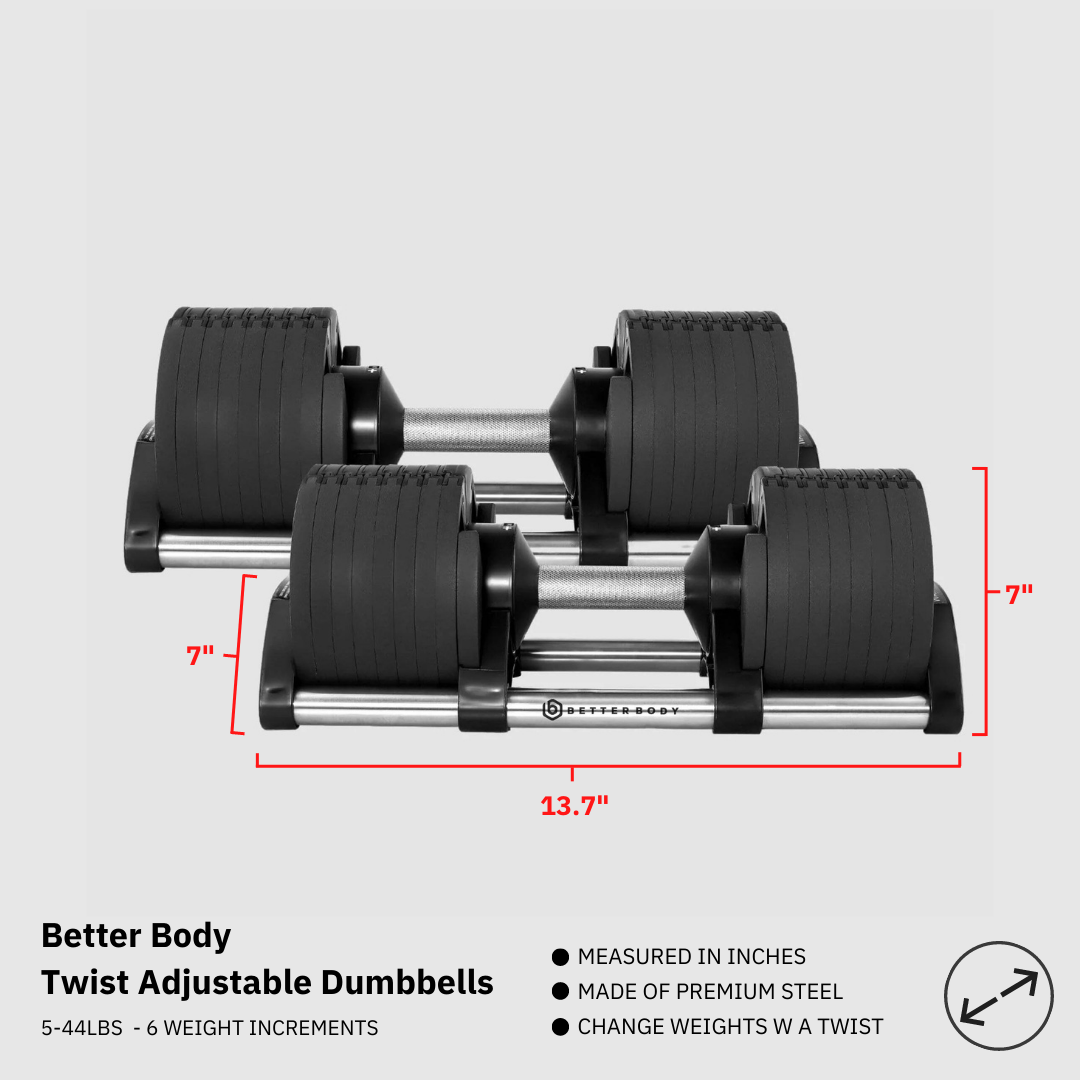 Better Body Twist Adjustable Dumbbell Bundle | 5 - 44 lbs & Bench Footprint