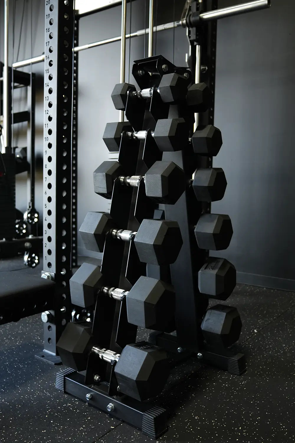 Better Body Rubber Hex Dumbbell Set + Weight Rack | 5-30lbs