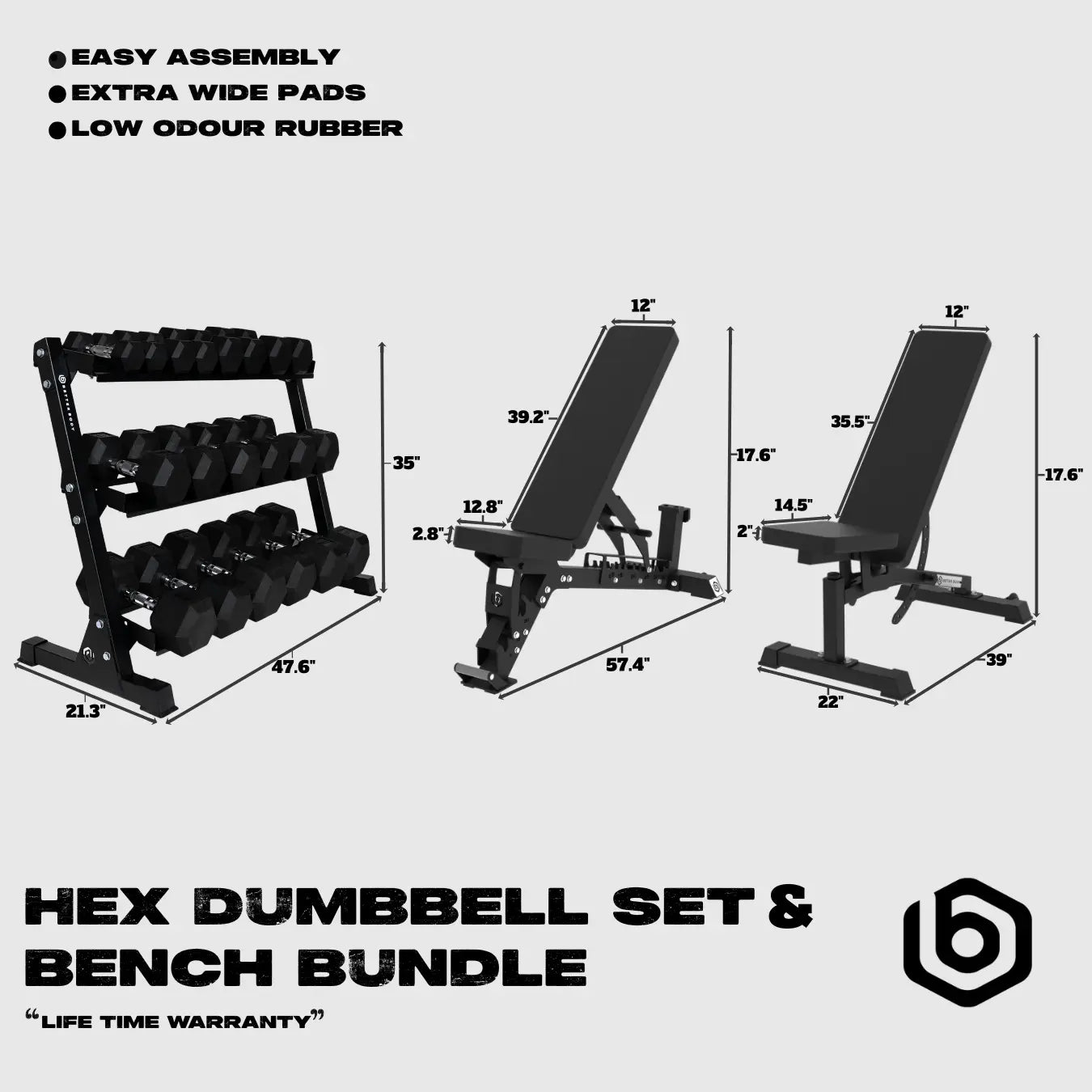 Better Body Rubber Hex Dumbbell Set & Bench Bundle Footprint