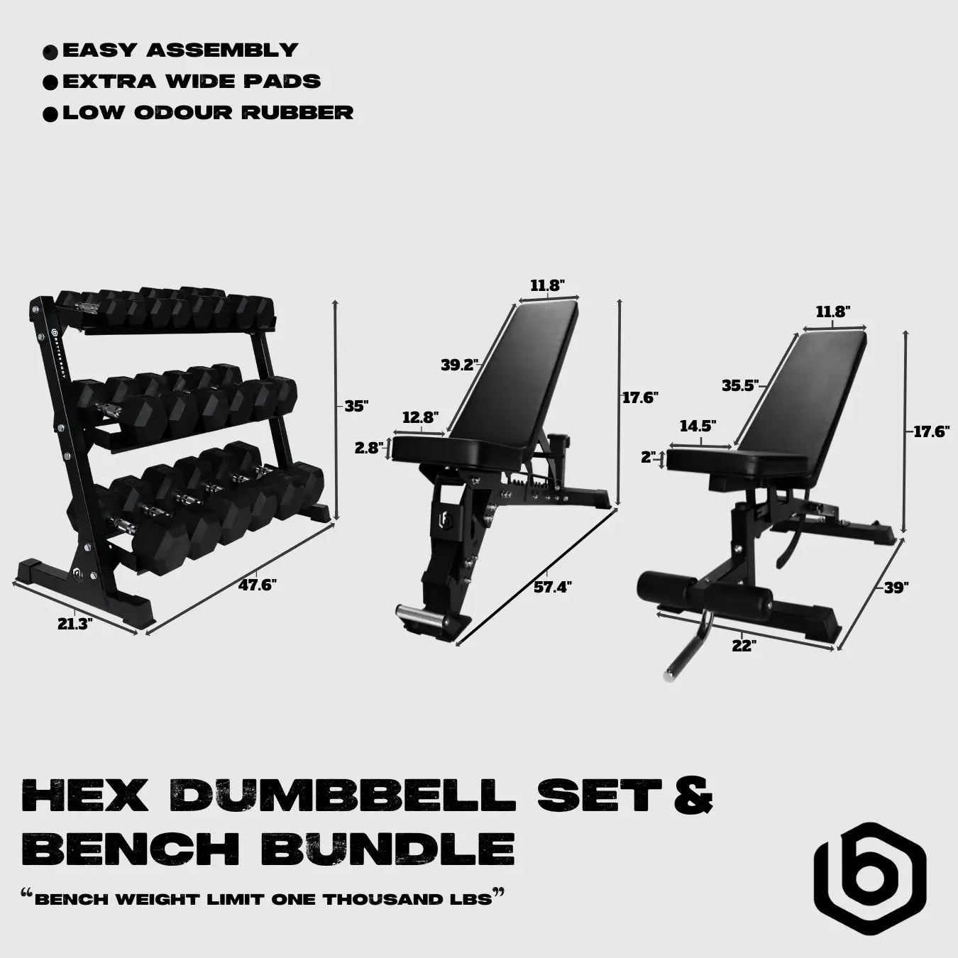 Better Body Rubber Hex Dumbbell Set & Bench Bundle Footprint