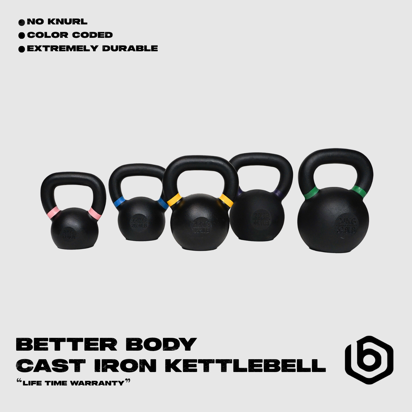 Better Body Cast Iron Kettlebells, 17LBs - 53LBs | 8KG - 24KG Footprint