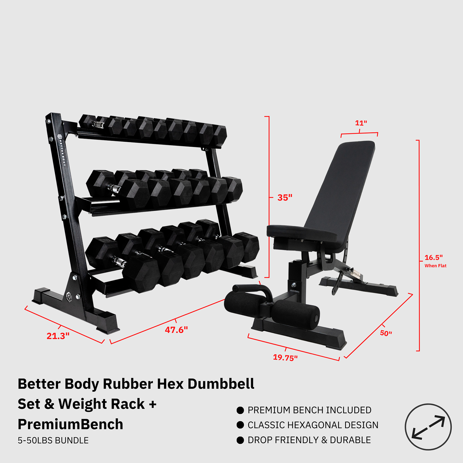Better Body Rubber Hex Dumbbell Set + Weight Rack | 5-50lbs & Premium Bench Bundle Footprint