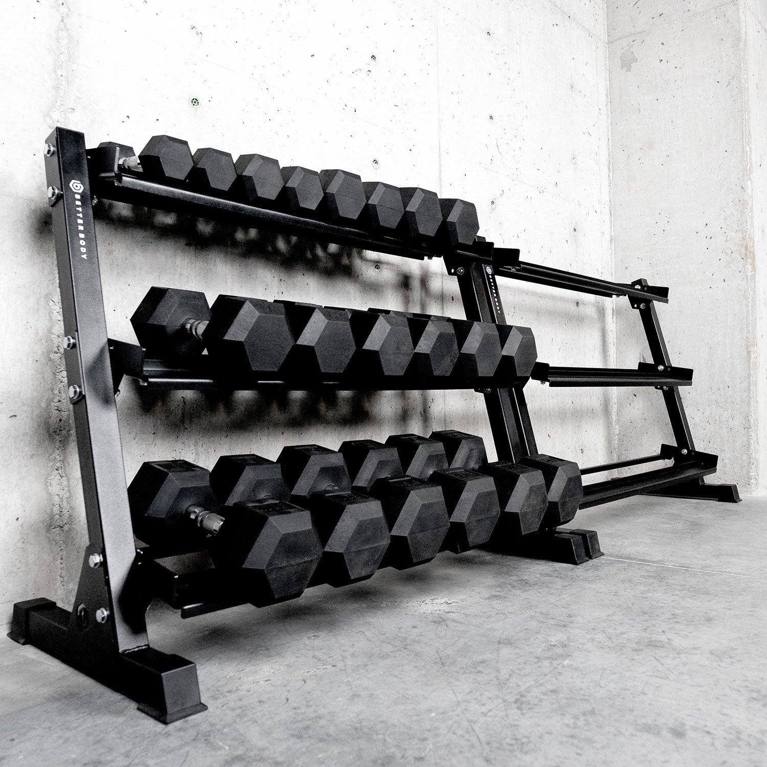 Better Body Rubber Hex Dumbbell Set + Weight Rack | 5-50lbs & Premium Bench Bundle