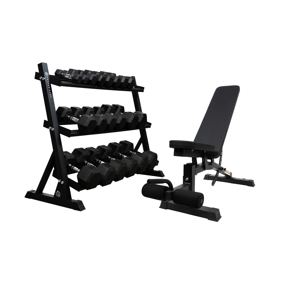 Better Body Rubber Hex Dumbbell Set + Weight Rack | 5-50lbs & Premium ...
