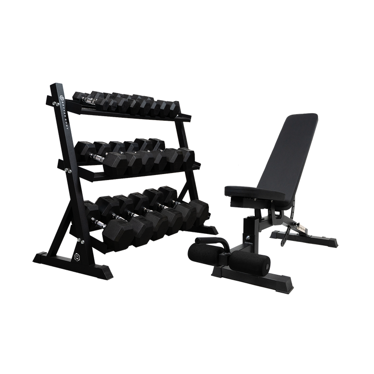 Better Body Rubber Hex Dumbbell Set Weight Rack 5 50lbs Premium Better Body Equipment