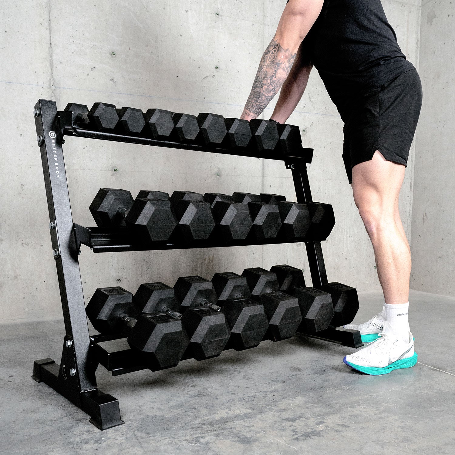 Better Body Rubber Hex Dumbbell Set + Weight Rack | 5-50lbs & Premium Bench Bundle