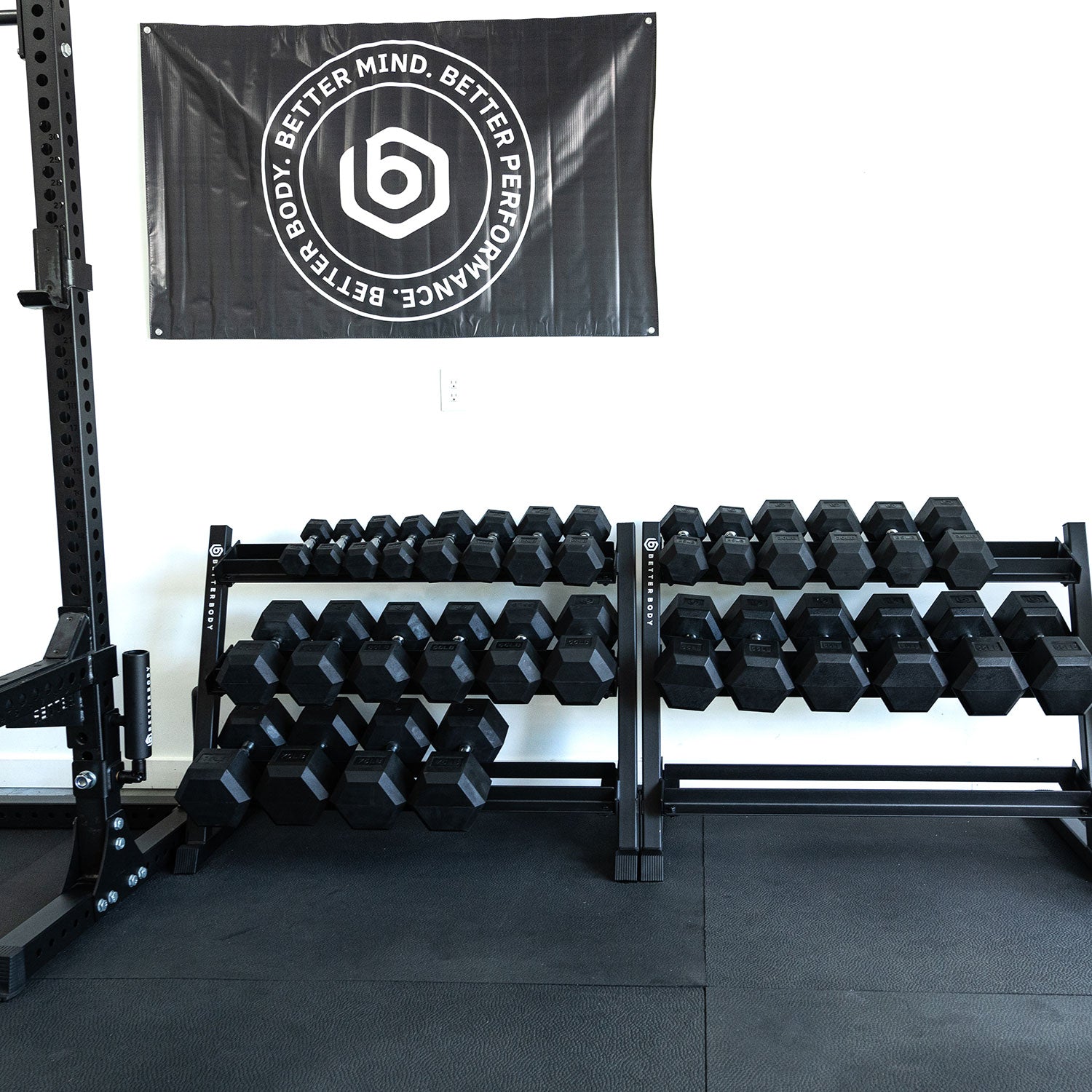 Better Body Rubber Hex Dumbbell Set + Weight Rack | 5-50lbs & Premium ...