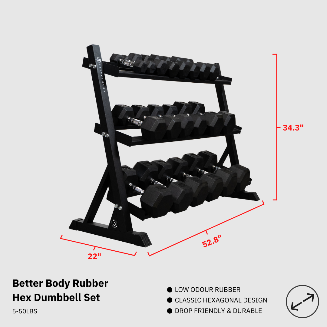 Better Body Rubber Hex Dumbbell Set + Weight Rack | 5-50lbs & Premium Bench Bundle Footprint
