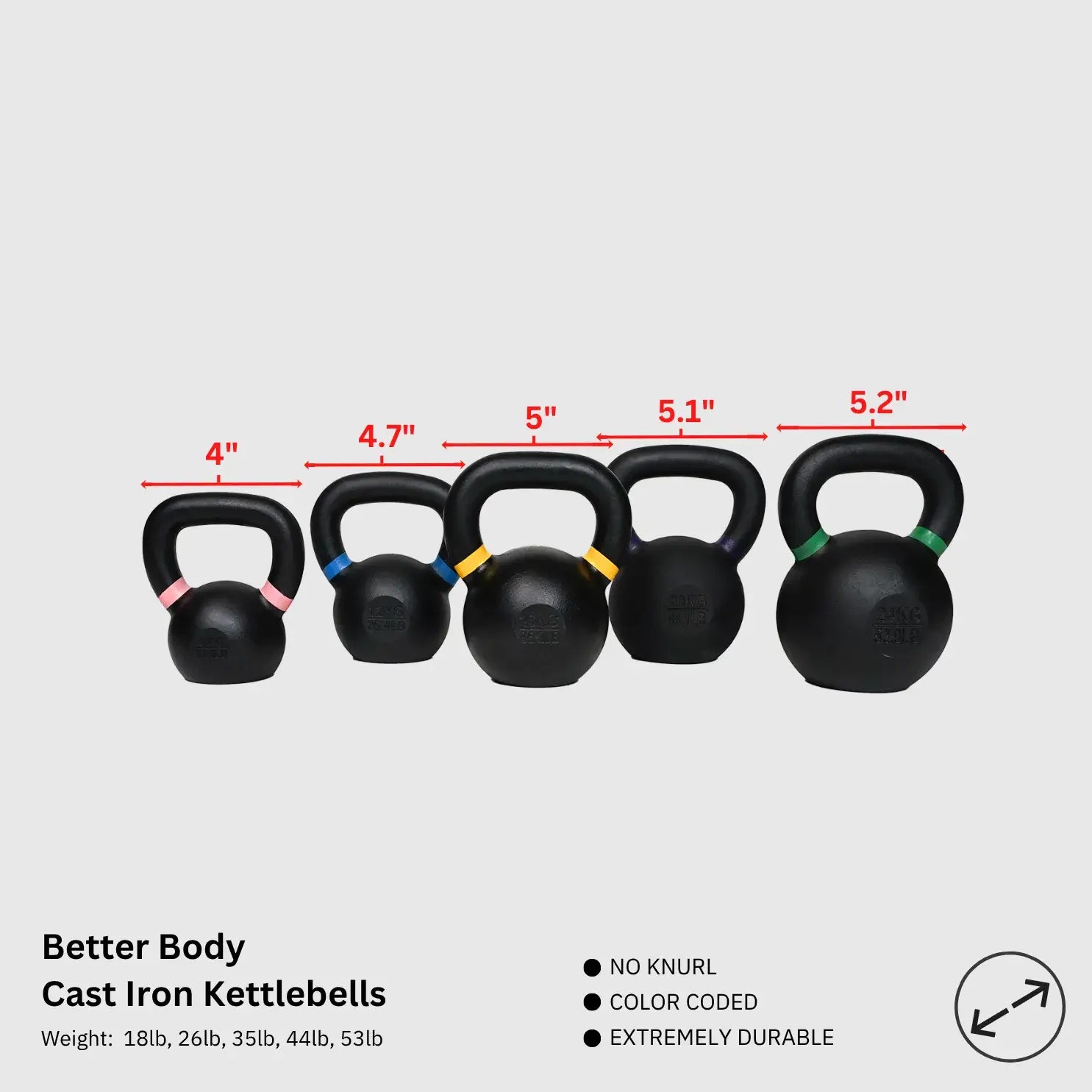 Better Body Cast Iron Kettlebells, 17LBs - 53LBs | 8KG - 24KG Footprint