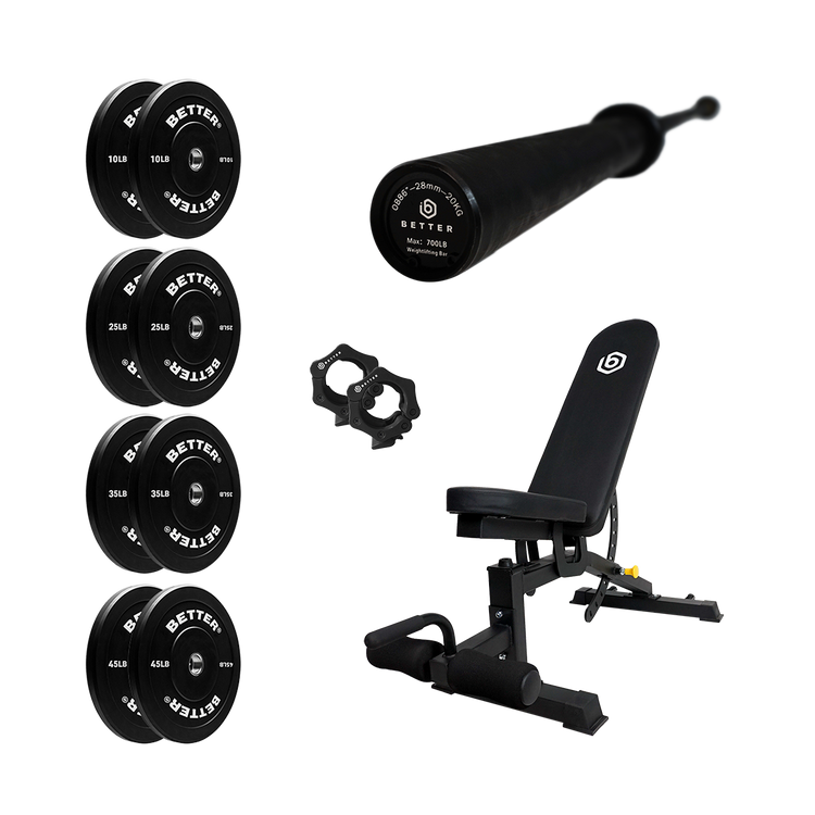 Better Body Barbell, Bumper Plates and Premium Bench Bundle | 10-45lb