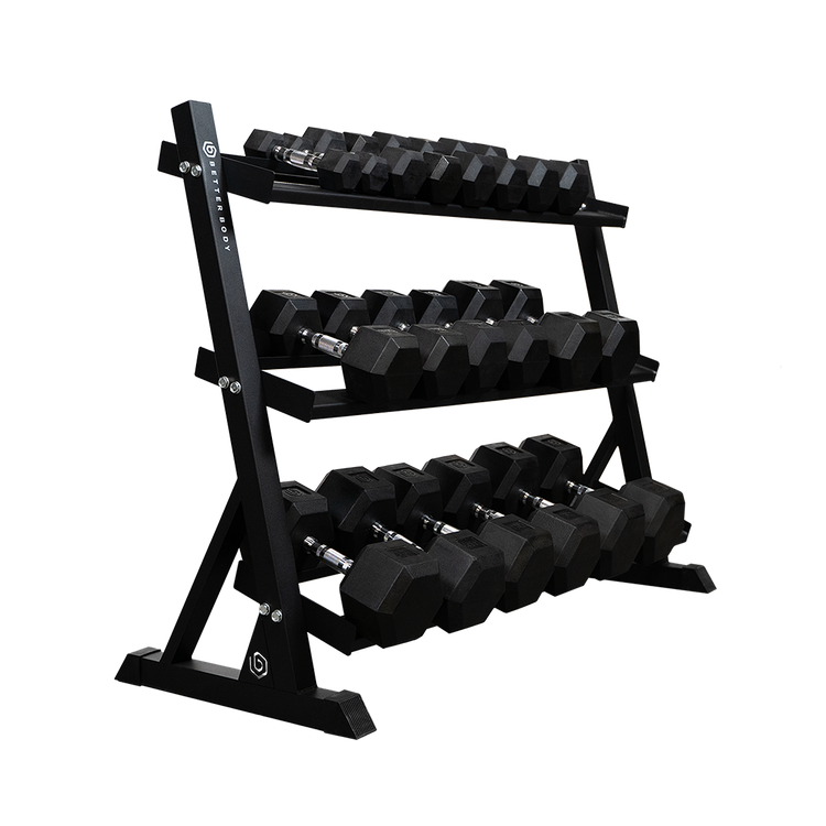 Better Body Rubber Hex Dumbbell Set Weight Rack Bundle 5 50lbs Better Body Equipment