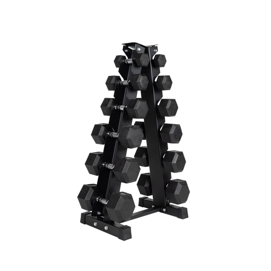 Hex rubber dumbbell discount set with rack
