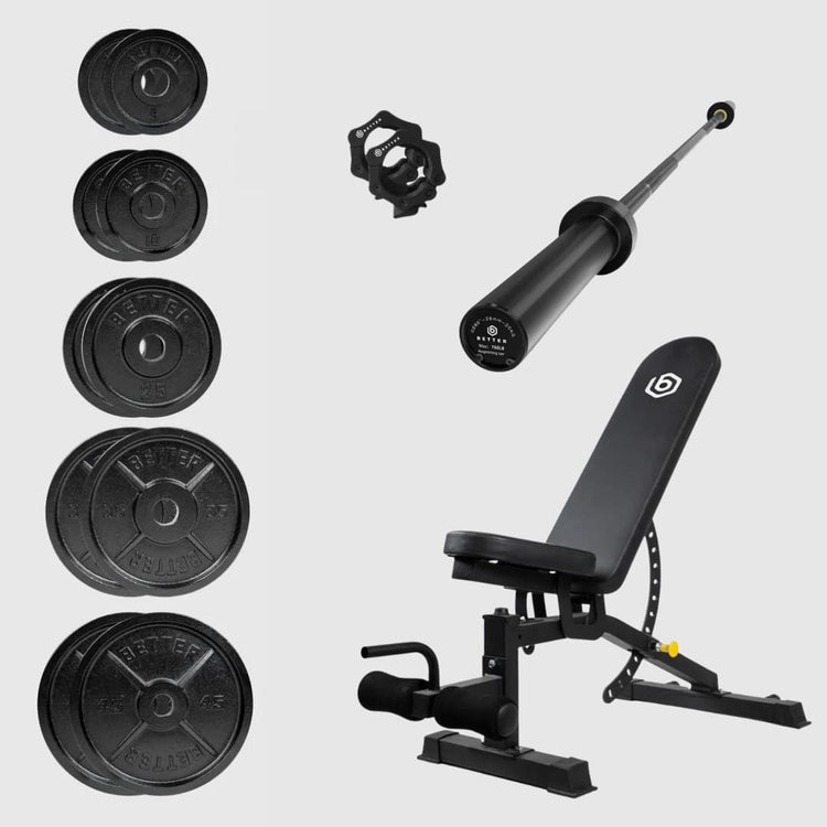 Better Body Barbell, Weight Plates and Premium Bench Bundle | 5-45lb