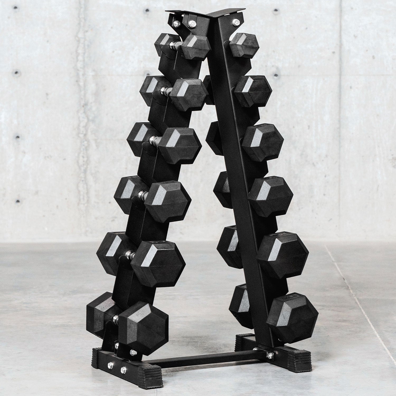 Better Body Rubber Hex Dumbbell Set + Weight Rack | 5-30lbs