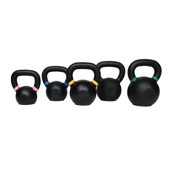 cast iron kettlebells with color-coded handles to identify the different sizes