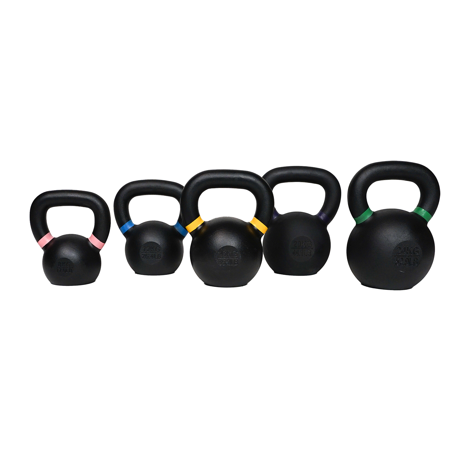 cast iron kettlebells with color-coded handles to identify the different sizes